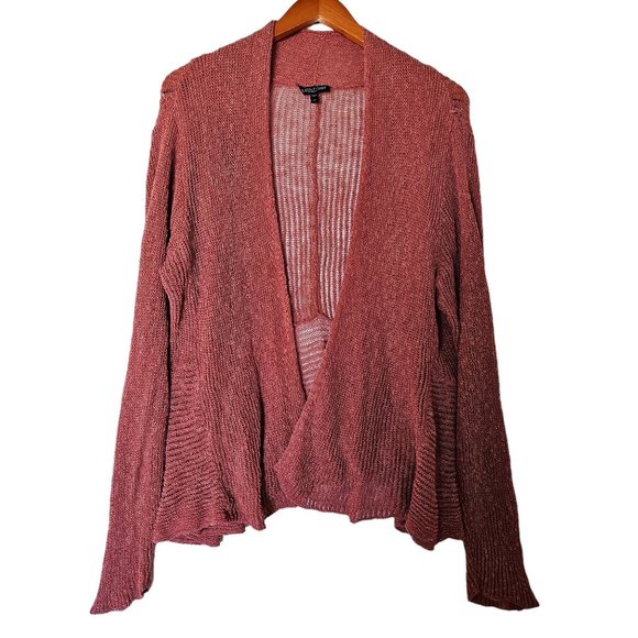 Eileen Fisher Coral Pink Linen Waterfall‎ Cascade Drape Open Front Cardigan Plus - Picture 15 of 15
